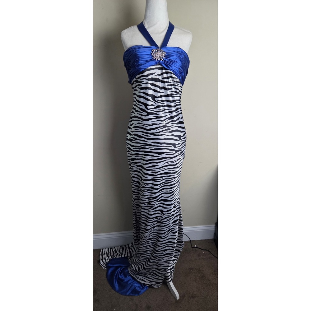Y2K Nika Women's Size 6 Zebra Print Blue Satin Rhinestone Halter Prom Gown